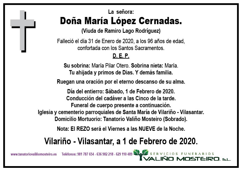 Esquela de María López Cernadas.